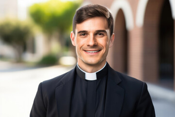 Portrait of a smiling young catholic priest standing outside the church