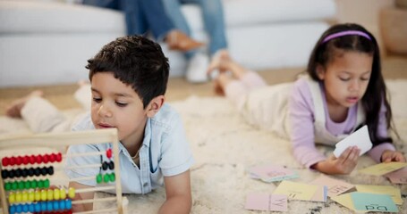 Sticker - Learning math, cards and children siblings on mat for alphabet lesson for language, phonics or letters. Girl with homework, boy or young kids with abacus for teaching education, literacy or numbers