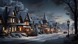 Winter landscape with snowy houses and street lights. Panoramic image.