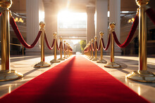 Red Carpet On The Background Of The Interior Of The Hotel. The Concept Of Luxury And Success.