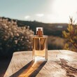 Close-up view of one perfume bottle on minimal style outdoor background 