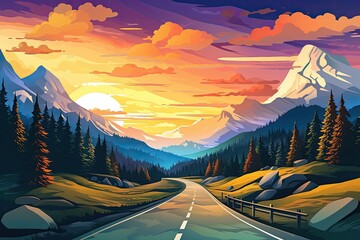 Wall Mural - road trip adventure asphalt road in the mountains illustration