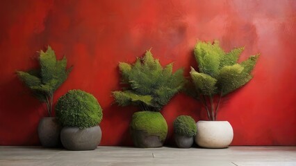 Poster - red room with chair plant moss sofa