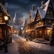Winter street with christmas trees and houses at night, 3d illustration