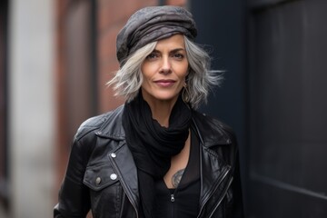 Wall Mural - Portrait of a beautiful middle-aged woman with short hair wearing a hat and a leather jacket.