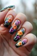 Close up of manicure with a colorful floral print on a light background.