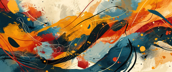 Sticker - Colorful Abstract Painting: A Vibrant Splash of Blue, Red, and Yellow on a Textured Grunge Background