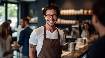 Canvas Print - Barista with warm smile skillfully prepares coffee art