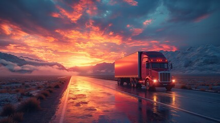 Poster - a truck drives down the road at sunset. Generative AI