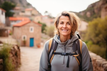 Wall Mural - Portrait of a smiling woman with backpack standing in the middle of a mountain