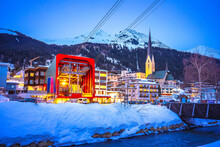 Idyllic Mountain Town Of Davos In Swiss Alps Evening View