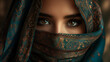 arabic woman. Close-up portrait of a woman with striking blue eyes, veiled in a patterned hijab, exuding mystery and elegance.