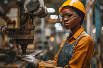 Poster - African American female maintenance engineer working in a factory