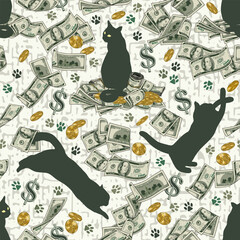Wall Mural - Money seamless pattern with 100 US dollar bills, black silhouettes of cat, cats footprints, scattered golden coins. Textured white background. Cats catch money notes. Not AI