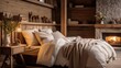 Wood bedside cabinet near bed with beige blanket. Farmhouse interior design of modern bedroom with lining wall and beam ceiling