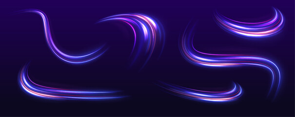 Poster - 	
High-speed light line in the form of a road and a highway in a night city. Neon stripes in the form of drill, turns and swirl. Speed of light concept background.	
