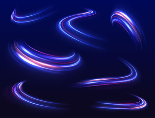 Aufkleber - Big set of low-poly designs made of thin lines in the form of branches, spirals and arcs. Illustration of light ray, stripe line with blue light, speed motion background. Radial color spirals.	