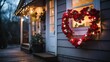 A heart-shaped wreath adorning the door of a cozy cottage on Valentine's Day