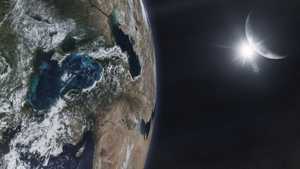 Wall Mural - earth planet in outer space with moon and sunlight. elements of this image furnished by nasa.