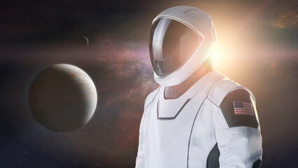 Wall Mural - astronaut in outer space on background of alien planet. exploration theme. elements of this image fu