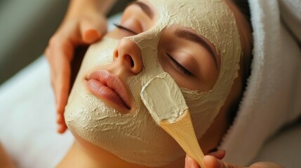 Wall Mural - Aesthetician applying a clay mask on a woman's face.