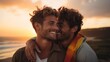© liliyabatyrova - Close-up of a young happy gay couple smiling hugging on the beach at sunset. Holidays, weekends together, unforgettable moments of life.