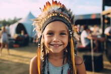 Beautiful Little Girl In Indian Headdress At A Music Festival