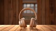 3d illustration of headphones on a wooden table isolated on a minimalist background. generative ai