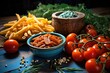 fresh penne with tomatoes and herbs on a wooden background