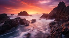 Long Exposure Of The Sea And Rocks At Sunset. Beautiful Seascape.