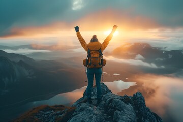 AI generated illustration of a man triumphantly raising arms on mountain peak