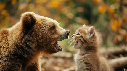 Sticker - illustraton of a bear and a little kitten roar at each other