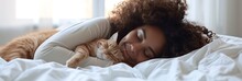 Heartwarming Embrace, Joyful Woman Snuggling With Her Ginger Cat In Cozy, White Bed, Sharing Moment Of Affection And Comfort, Pets Lover Owner.