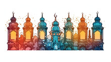 Ramadan Kareem, Festival Celebration.Arabic Ramadan Lantern, Ramadan Kareem Concept With Dates, Ramadan Mubarak Greeting Card, Neon Signs,  Neon Color Mosque, Lamp On White Background, Ai Generated