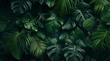  Green tropical botanical background of many various leaves