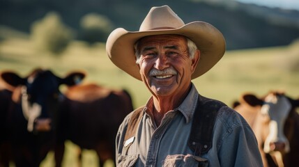 Sticker - Contented rancher in picturesque pasture gazes warmly gently strokes serene cow