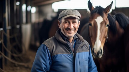 Wall Mural - Happy horse trainer in well-kept stable warmly smiles horses nuzzle and graze