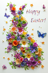 Poster - Happy Easter Holiday Card. Floral Rabbit Silhouette with Butterflies on white background