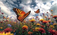 Vibrant Monarch Butterflies Soaring Amongst Colorful Wildflowers In Bloom.