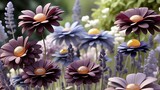 Fototapeta Kwiaty - Whimsical Garden Scene with Vibrant Flowers Amidst Realistic Lavender Blooms