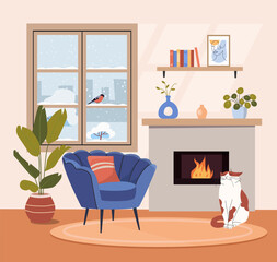 Wall Mural - Living room interior. Comfortable chair, window,  fireplace and house plants. Vector flat cartoon illustration