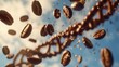 roasted coffe beans fall from the sky in a dna shape