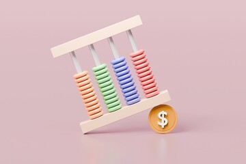 Poster - 3D abacus with coin icon minimal cute smooth isolated on pink pastel background, arithmetic game learns counting number concept. finance education. minimal cartoon.3D Rendering. copy space.
