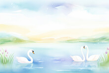 Beautiful Swans Swimming Peacefully On A Serene Lake During A Calm Summer Evening , Cartoon Drawing, Water Color Style