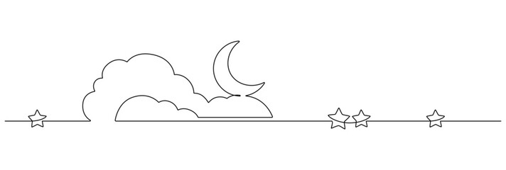 Aufkleber - One continuous line drawing of Moon with cloud and stars. Sweet dream concept for nursery in simple linear style. Sleep symbol with crescent in Editable stroke. Doodle hand drawn vector illustration