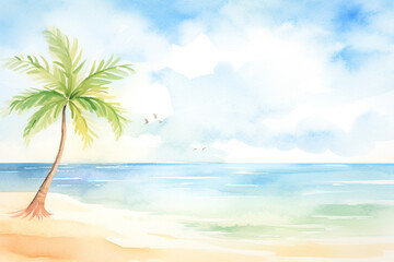 Sunny scene by the shore with a lone palm tree , cartoon drawing, water color style