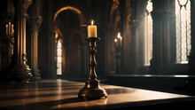A Candlestick Holder Set Within The Grandeur Of A Gothic Cathedral, Casting Flickering Shadows.