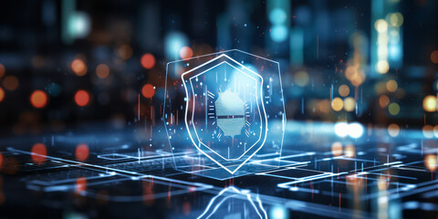 Poster - cybersecurity and data protection concept with shield icon hologram over futuristic interface elemen