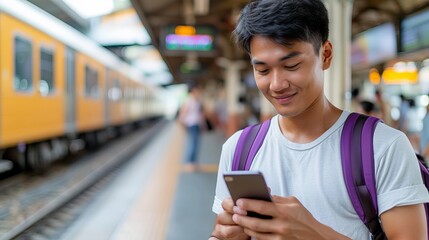 asian man on train station platform using mobile phone for communication and connectivity