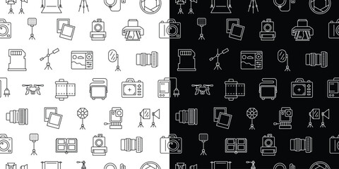 Sticker - Photo and Photography Studio Sign Black Thin Line Icon Seamless Pattern Background Set Include of Tripod and Camera. Vector illustration of Icons